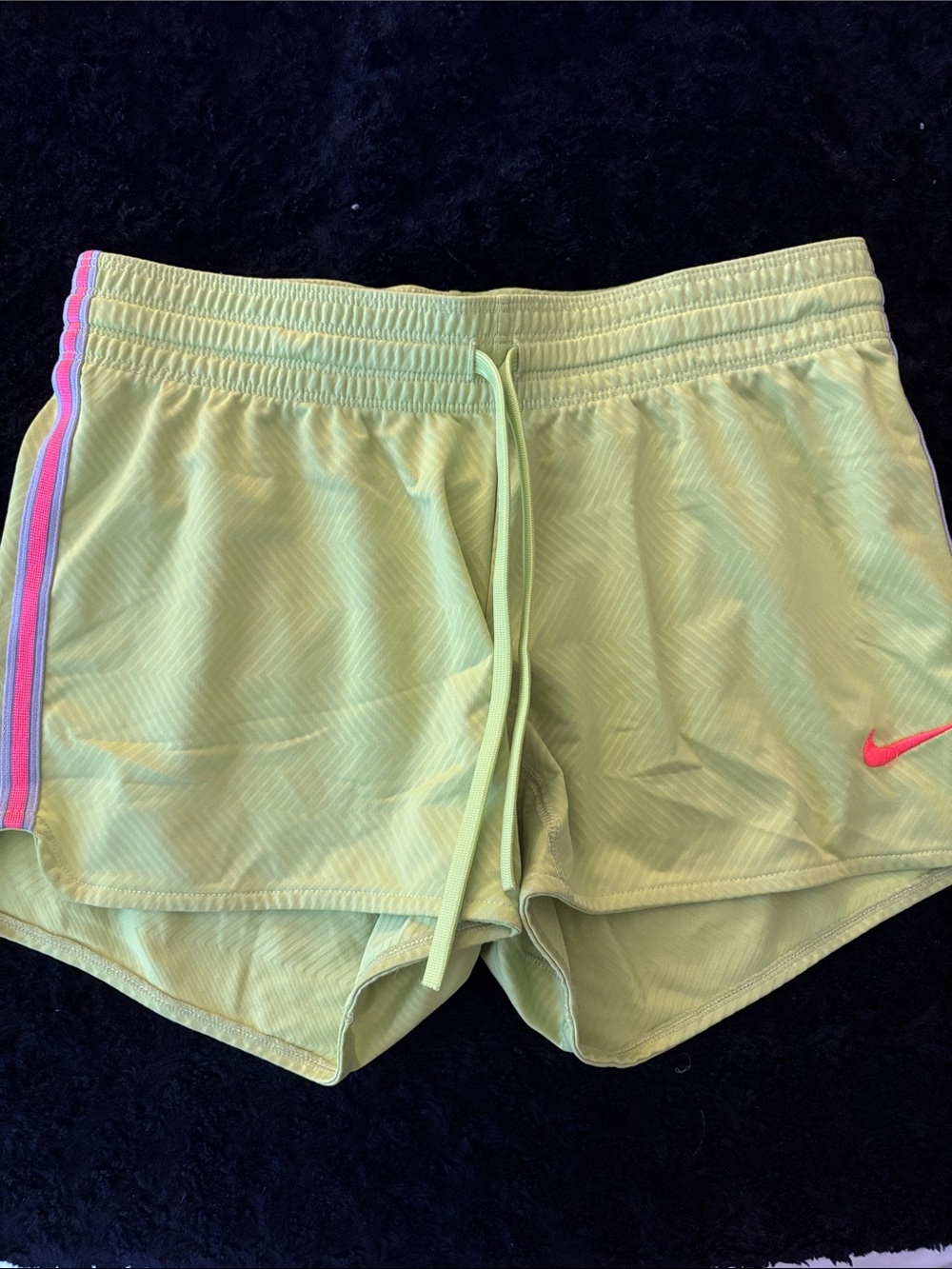 Nike Women's Lime Green Athletic Shorts with Pink Swoosh